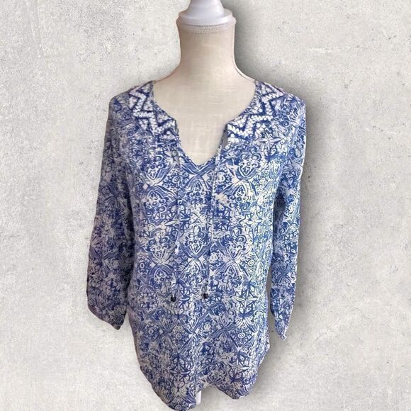 Lucky Brand | EUC Women’s Print Cotton Peasant Top Embroidered Detail Size S - Picture 1 of 11